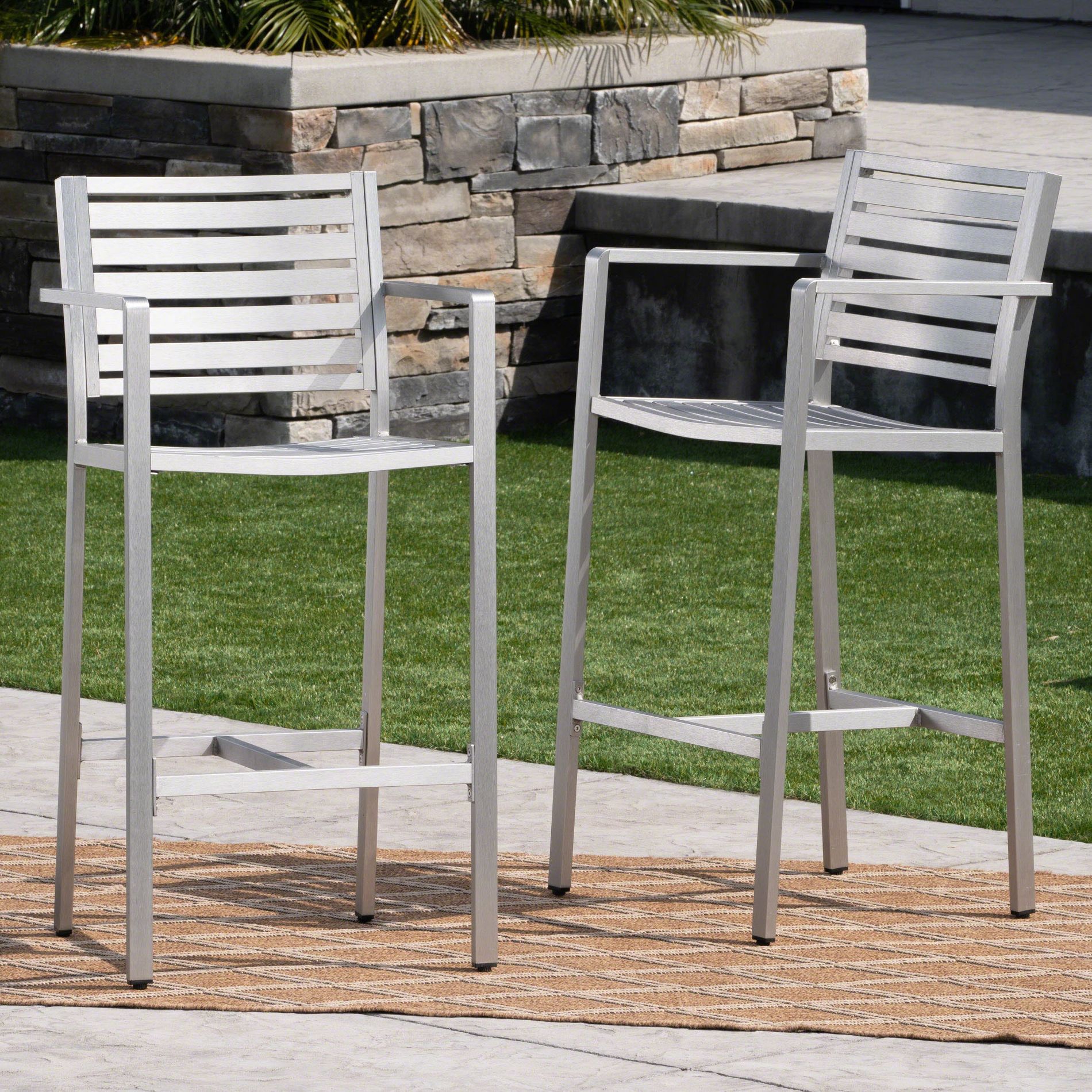 Outdoor  Barstools with Rust-Proof Aluminum Frame, Set of 2, Silver