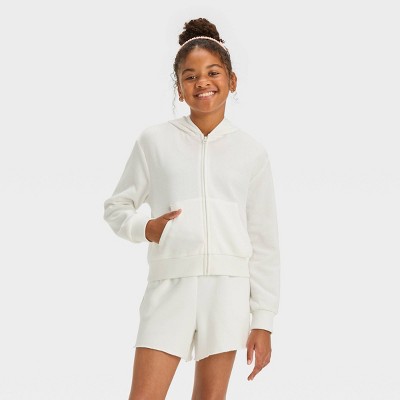 Image of Girls' Cropped Hoodie Zip-Up Sweatshirt - art class™ White M