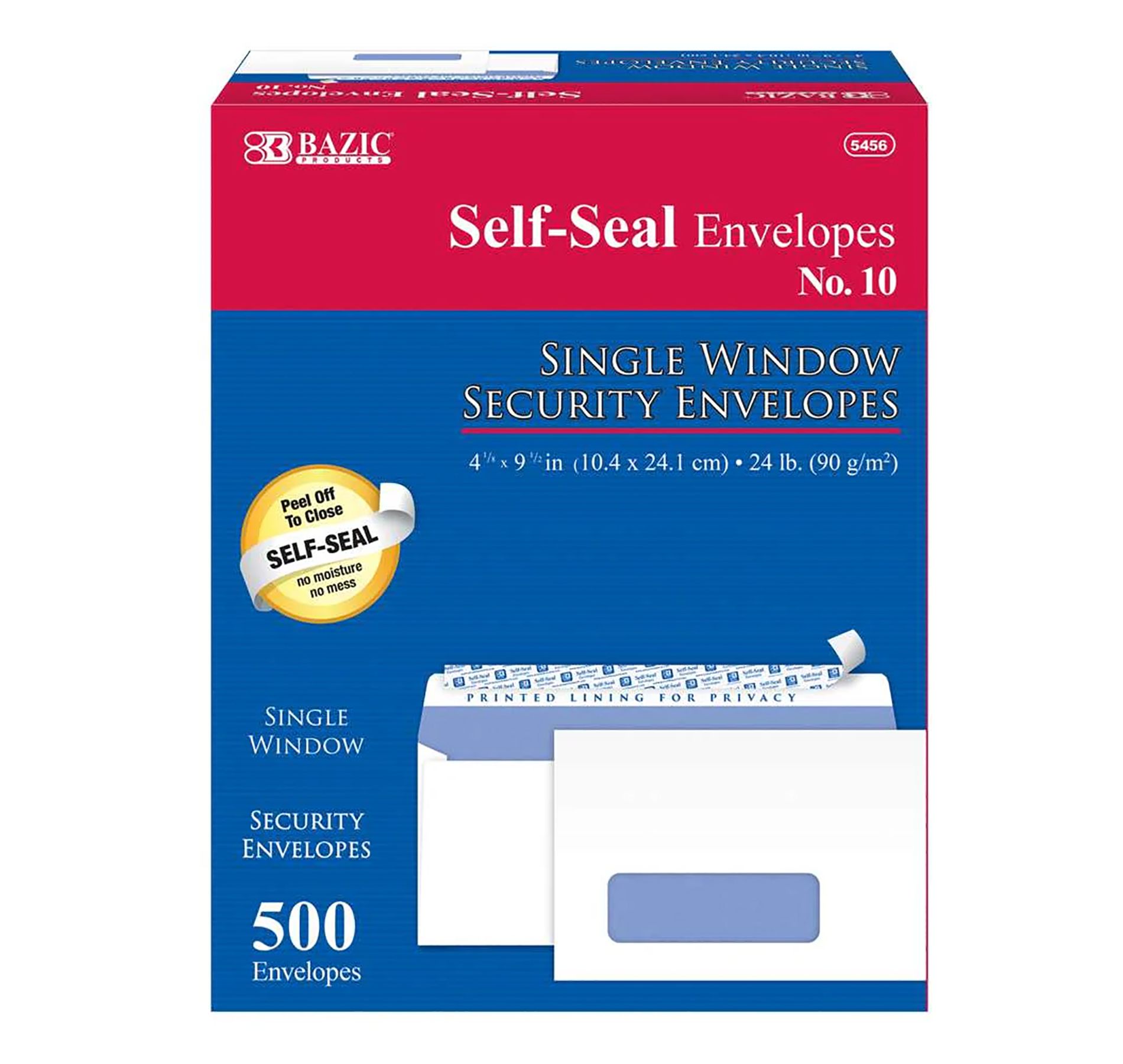 BAZIC Products® Self-Seal Security Single Window Envelopes, #10, Box of 500