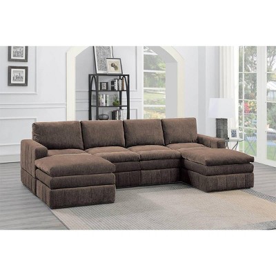 Okak Modern Convertible Sectional Sofa Couch with 2 Armchair/Wedge, 2 Armless Chairs /Ottomans 6 pc Fabric Plush Modular Sofa for Living Room, Brown