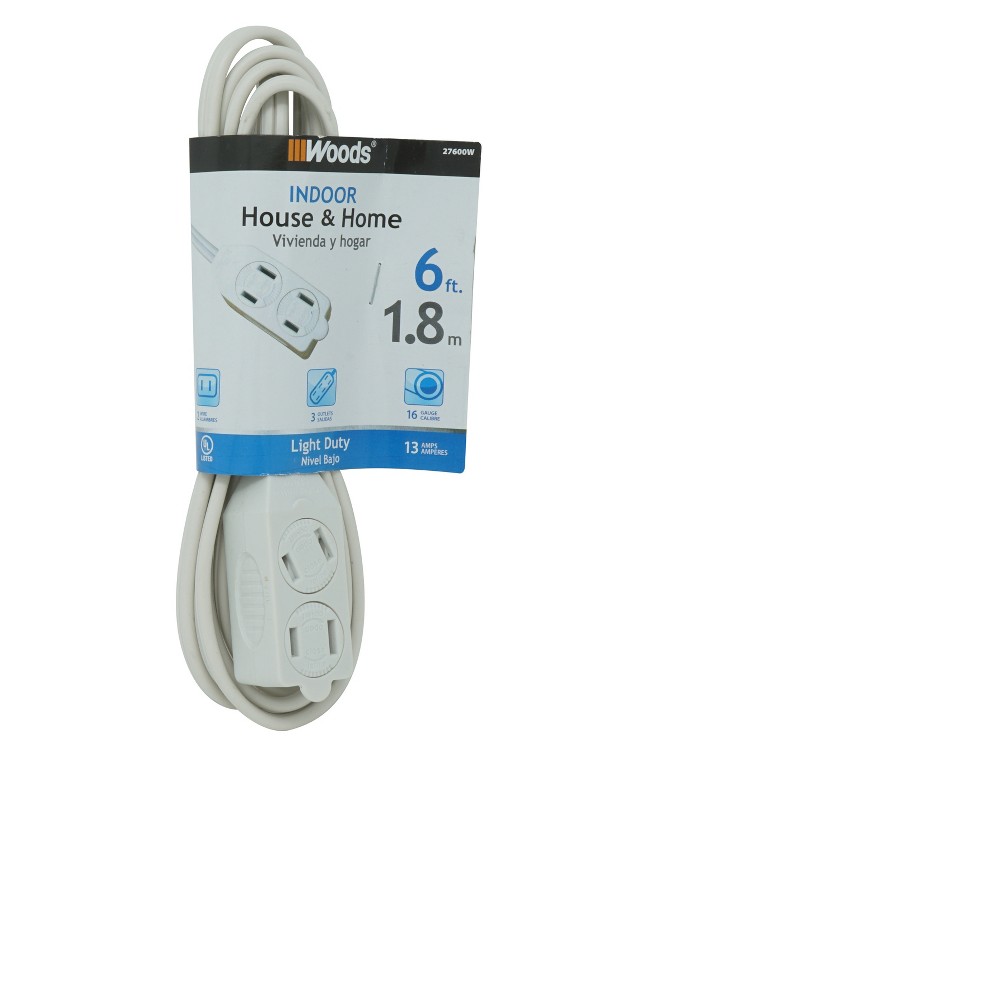Woods 0600W 16/2 6' White Cube Extension Cord with Power Tap