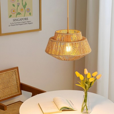 KASITE Adjustable Handwoven Paper Rope Pendant Light with Camel Iron Frame, Ideal for Dining Room, Living Room, and Kitchen