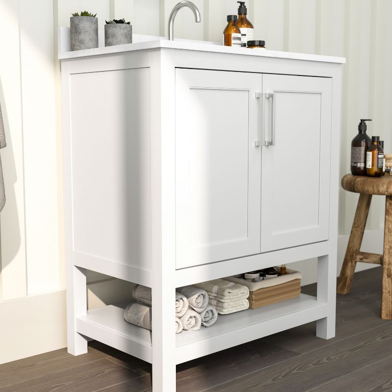 Merrick Lane Bathroom Vanity with Ceramic Sink, Carrara Marble Finish Countertop, Storage Cabinet with Soft Close Doors and Open Shelf, 5 of 13