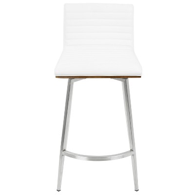 Set of 2 White Faux Leather Swivel Counter Stools with Walnut Wood and Stainless Steel