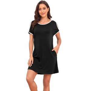 Clearlove Womens Nightdress Colorblocked Off-Shoulder Short Sleeves Midi Nightdress Casual Comfy Nightgown - 1 of 4