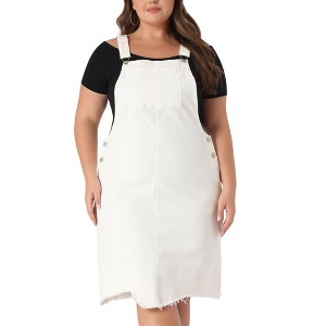Agnes Orinda Women's Plus Size Adjustable Strap Overall Frayed Denim Suspender Shift Casual Midi Dresses with Pocket - 1 of 4