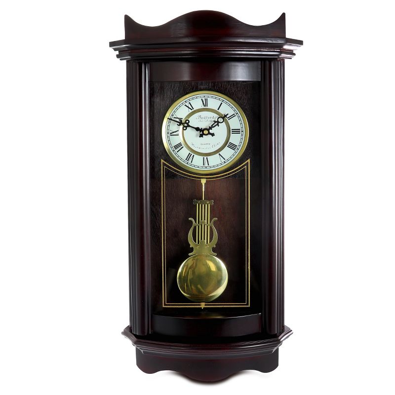 Bedford Clock Collection 25 Inch Chiming Pendulum Wall Clock in Weathered Chocolate Cherry Finish, 1 of 6