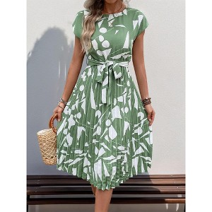 Women's Short Sleeved Round Neck Tie Waist Pleated Midi Dress Geometric Patterns - 1 of 4