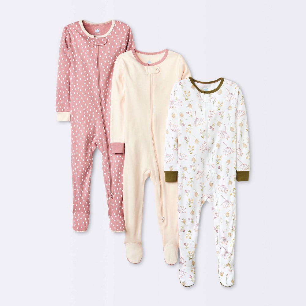 Baby Girls' 3pk Prairie Floral Zip-Up Sleep N' Play - Cloud Island™ Pink 3-6M