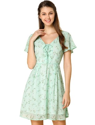 Allegra K Women's Floral Printed Flare Short Sleeve Lace-up V Neck A-Line Chiffon Dress