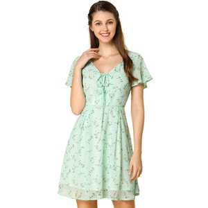 Allegra K Women's Floral Printed Flare Short Sleeve Lace-up V Neck A-Line Chiffon Dress - 1 of 4