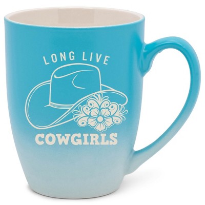 100 North Floral Western Hat 10 Ounce Blue and White Two Toned Ombre, Comfortably Fits Your Hands, Ceramic Tea Coffee Cup Mug, Long Live Cowgirls