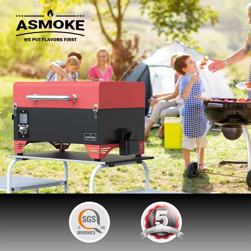 ASMOKE Portable 256 Square Inch 8 In 1 Wood Pellet Grill and Smoker with Stainless Steel Meat Probe, Grease Bucket, and Waterproof Cover, Red, 5 of 6
