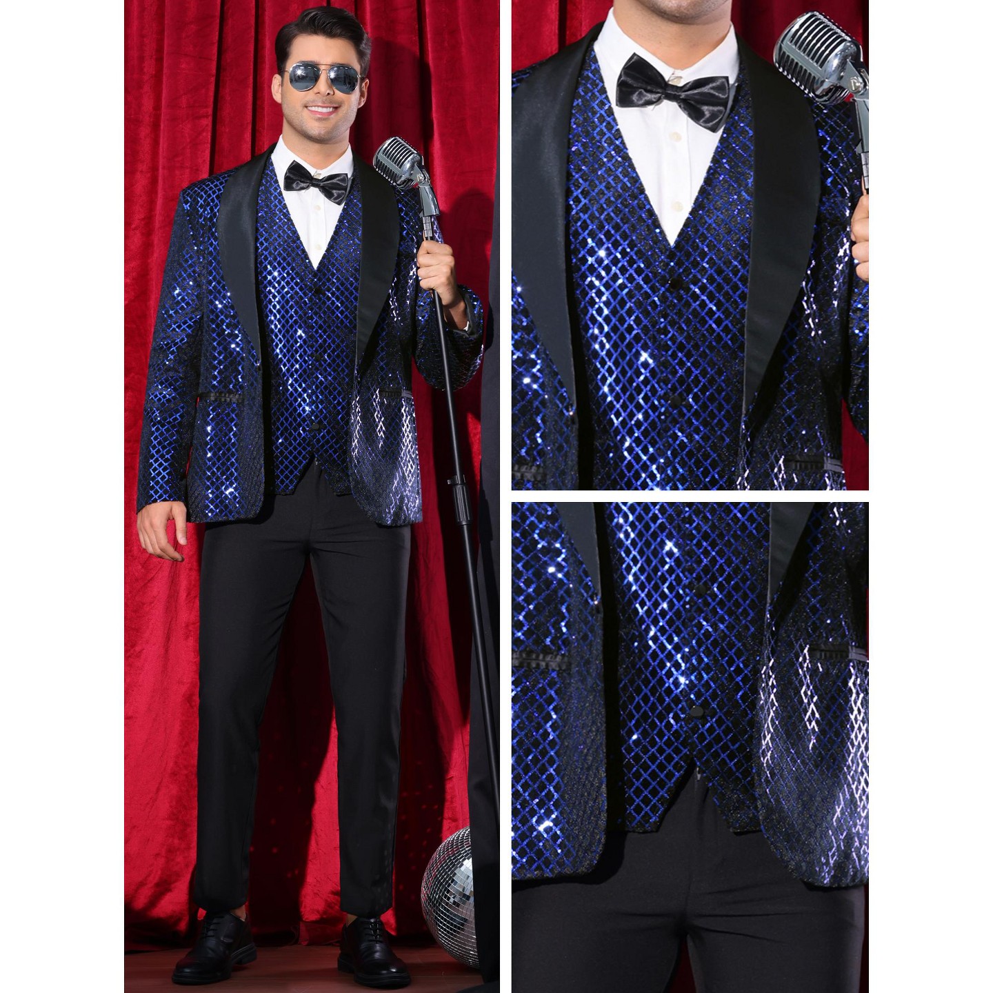 Мужской пиджак Lars Amadeus Shawl Lapel Disco Prom Party Argyle Sequin Blazer Blue, цвет: Синий — фото 4
