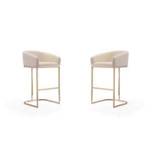 Set of 2 Louvre Upholstered Stainless Steel Barstools Cream: Gold Base, Faux Leather, No Assembly - Manhattan Comfort - 1 of 4
