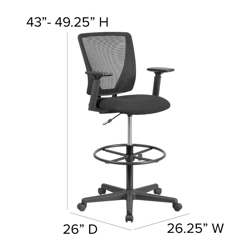 Flash Furniture Ergonomic Mid-Back Mesh Drafting Chair with Black Fabric Seat, Adjustable Foot Ring and Adjustable Arms, 5 of 12