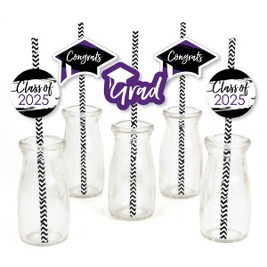 Big Dot of Happiness Purple 2025 Graduation Paper Straw Decor - Party Striped Decorative Straws - Set of 24 - 1 of 4