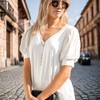 Amaryllis Women's Short-Sleeve V-Neck Top Puff Sleeves Lace Detail Elegant Blouse - 3 of 4