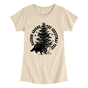 Girls' - Instant Message - Raccoon Around The Christmas Tree Fitted Short Sleeve Graphic T-Shirt - 1 of 4