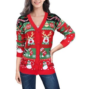 BLUEMING Women Sweaters Ugly Christmas Reindeer Knit Cardigans - Maximalist Festive Textures - 1 of 4