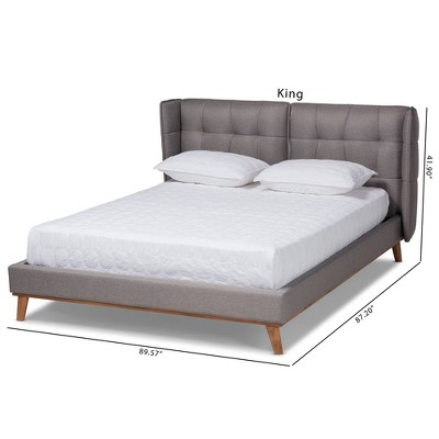 Elegant Queen-Sized Gray Upholstered Wingback Bed with Walnut Wood Frame