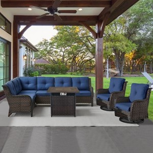 POCASSY 5PCS Outdoor Furniture Set with Fire Pit Table, Outdoor Conversation Set with All Weather Brown Wicker Sectional Sofa and Swivel Chair - 1 of 4