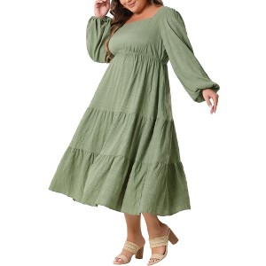 Agnes Orinda Women's Plus Size Square Neck Long Sleeve Smocked Flowy Tiered Casual Midi A-Line Dress Green - 1 of 4