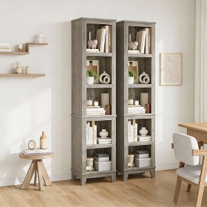 Nasitip 2PACK Narrow Bookcase 5-Tier Farmhouse Bookshelf Rustic Vintage Etagere Oak for Home Office - 1 of 4