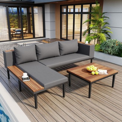 Chic Crate-Luxury Acacia Patio Set – L-Shaped Sofa & Coffee Table | Removable Cushions | Gray | Multi-Use