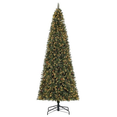 Home Heritage Albany 12 Foot Pre Lit LED White Light Artificial Pine Holiday Festive Tree with Pine Cones and Stable Metal Stand