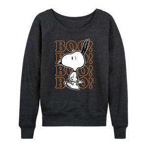Women's - Peanuts - Boo Snoopy Scared Lightweight French Terry Wide Neck Long Sleeve Shirt - 1 of 4