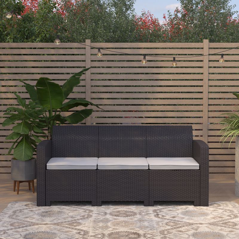 Merrick Lane Outdoor Furniture Resin Sofa Faux Rattan Wicker Pattern Patio 3-Seat Sofa With All-Weather Cushions, 3 of 17