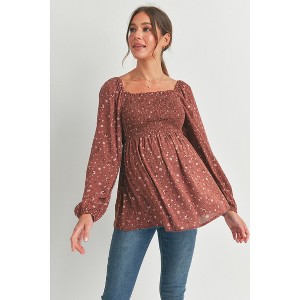 Hello Miz Women's Smocked Long Sleeve Square Neck Floral Maternity Top - 1 of 4