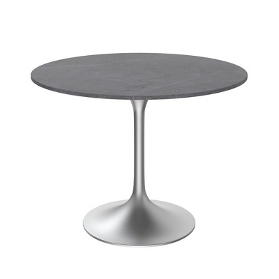 LeisureMod Verve 36" Round Dining Table, Modern Sintered Stone Top Dining Table with Brushed Chrome Stainless Steel Pedestal Table Base