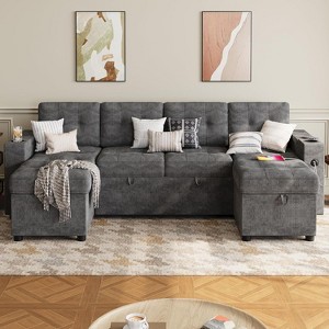 Couches for Living Room, Sofa Bed for Living Room with Hidden Storage Armrests, U-Shaped Sleeper Sofa with Cup Holders and USB Charging Ports - 1 of 4