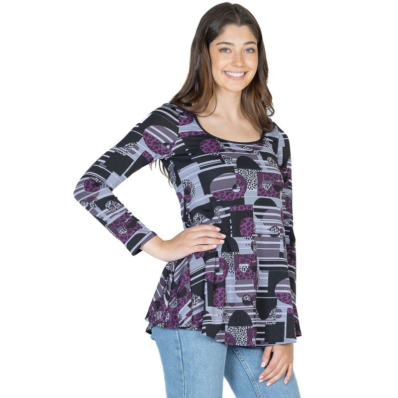 24seven Comfort Apparel Womens Purple Print Scoop Neck Long Sleeve Tunic Top, 2 of 5