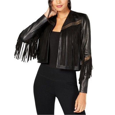 Rachel Zoe Womens Fringe-Trim Leather Jacket