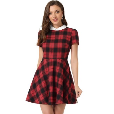 Allegra K Women's Plaid Grid Peter Pan Collar Contrast A-line Dresses Red  Medium : Target