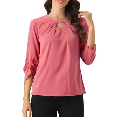 INSPIRE CHIC Women's Work Office Keyhole Pleated Front Ruched 3/4 Sleeve Chiffon Blouse