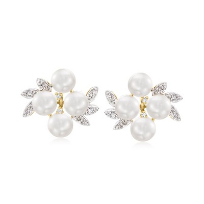 Ross-Simons 5.5-6mm Cultured Pearl Cluster Earrings With Diamond Accents in 14kt Yellow Gold