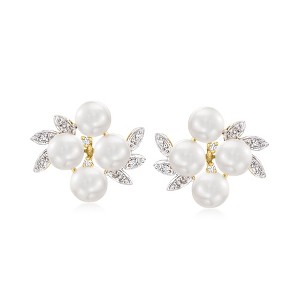 Ross-Simons 5.5-6mm Cultured Pearl Cluster Earrings With Diamond Accents in 14kt Yellow Gold - 1 of 4