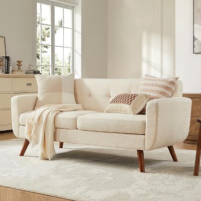 Linen Sofa Couch, Mid Century Modern Decor Loveseat Couches for Living Room, Button Tufted Upholstered Small Couch for Bedroom, Solid