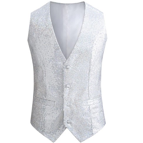 Lars Amadeus Men's V-Neck Sleeveless Disco Sparkly Sequin Suit Vest White  Large