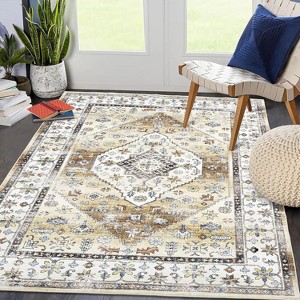 Washable Vintage Medallion Rug Non Slip Oriental Carpet Soft Low Pile Foldable Floor Cover for Living Room Bedroom Dining Room, Brown - 1 of 4