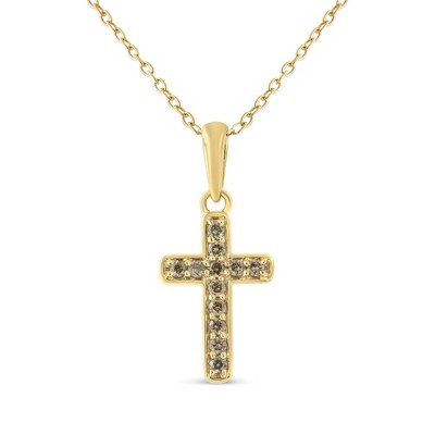 10K Yellow Gold Flashed Silver 1/4 Cttw Champagne Diamond Cross Pendant Necklace