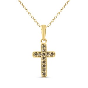 10K Yellow Gold Flashed Silver 1/4 Cttw Champagne Diamond Cross Pendant Necklace - 1 of 4