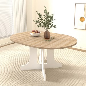 Gulches 59" Expandable Oval Farmhouse Dining Table - White X-Shaped Trestle Base, Removable Leaf, Seats Up to 6, MDF & Rubber Wood with Oak Veneer Top - 1 of 4