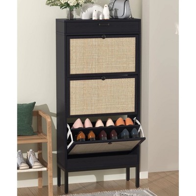 Brafabhome Rattan Shoe Cabinet with 3 Flip Drawers, Freestanding Entryway Narrow Shoe Storage Organizer for Slippers Sneakers or High Heels | 18 Pairs