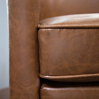 Walnut Faux Leather Swivel Barrel Chair with Metal Base
