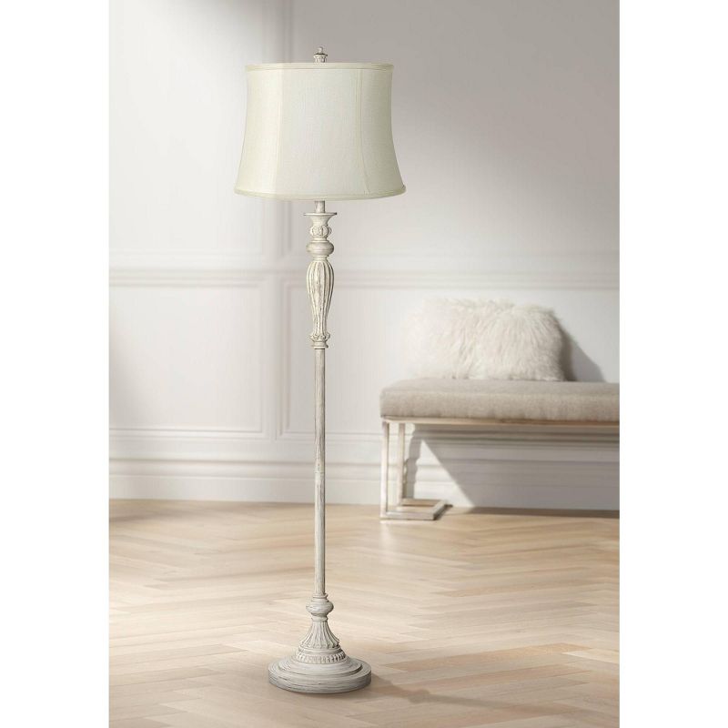 360 Lighting Vintage Shabby Chic Floor Lamp 60" Tall Antique White Washed Creme Fabric Drum Shade for Living Room Reading Bedroom Office, 2 of 7